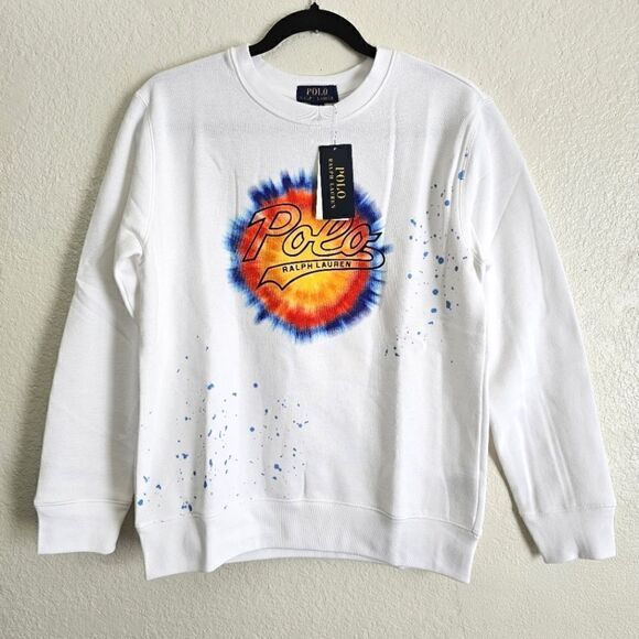 Polo Ralph Lauren Sweatshirt Paint Splat Logo Size L White Blue Cotton New 80s - Picture 1 of 11